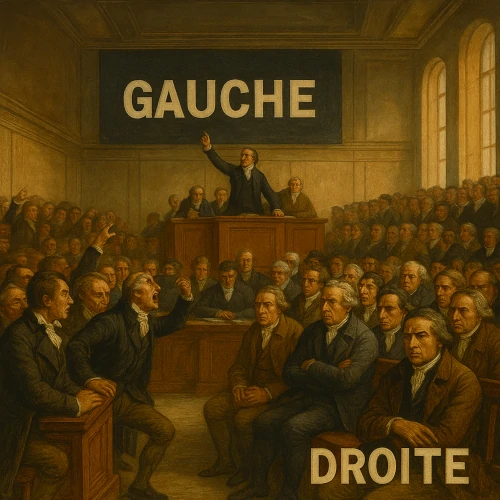 Peinture historique représentant l’Assemblée nationale de 1789, avec la division symbolique entre gauche et droite.