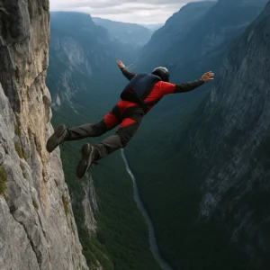 Base jumper en plein saut depuis une falaise surplombant une vallée encaissée, avec vue panoramique sur la rivière et les montagnes verdoyantes