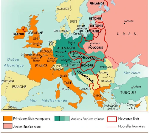 Carte politique de l’Europe en 1923, illustrant les frontières et les nouveaux États après la Première Guerre mondiale