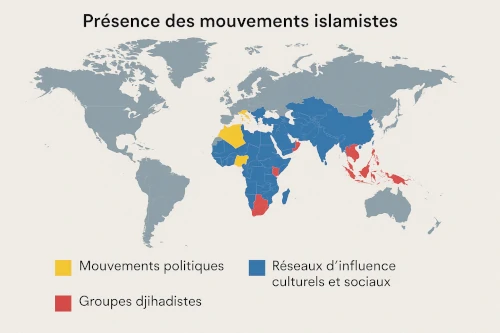 Carte du monde en projection Mercator indiquant les zones d’influence des mouvements islamistes : politiques (jaune), djihadistes (rouge) et culturels ou sociaux (bleu)