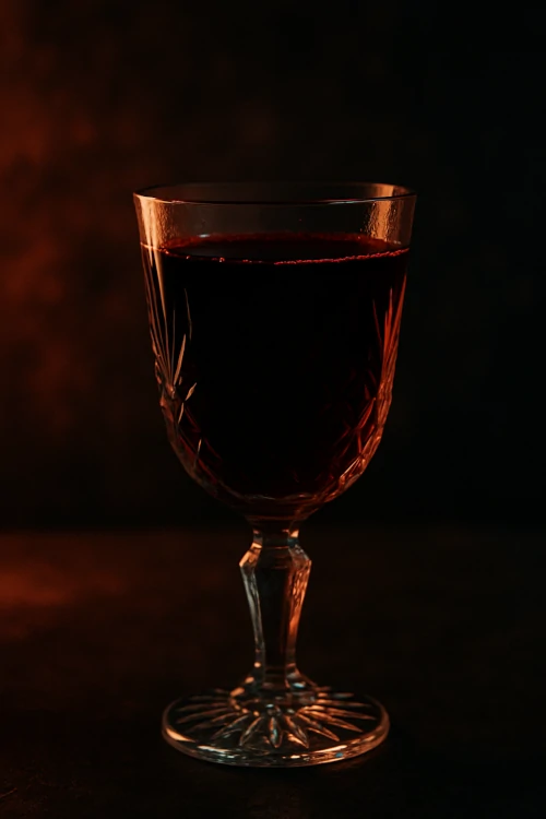 Coupe en cristal remplie d’un liquide rouge sombre, éclairée par une lumière inquiétante, symbole des rituels des communautés vampiriques