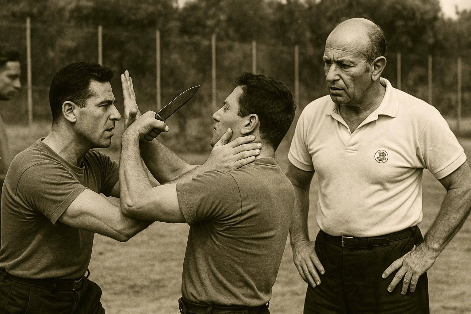 Photo d’inspiration vintage représentant un instructeur de Krav Maga supervisant un entraînement en extérieur.