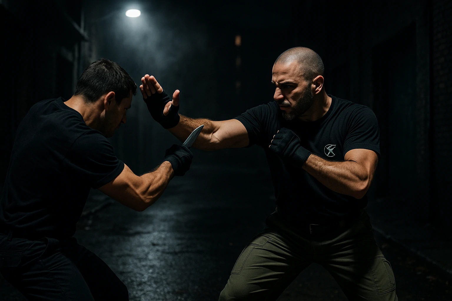 Deux pratiquants de Krav Maga s’affrontent dans une ruelle sombre, l’un bloquant une attaque au couteau avec intensité.
