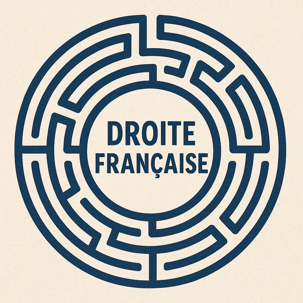 Illustration d’un labyrinthe avec l’inscription « Droite française » au centre, symbolisant l’impasse idéologique.