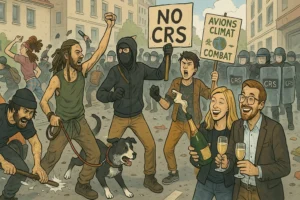 Scène satirique d'une manifestation de l'extrême gauche mêlant zadistes, zonards, bobos festifs et CRS en arrière-plan