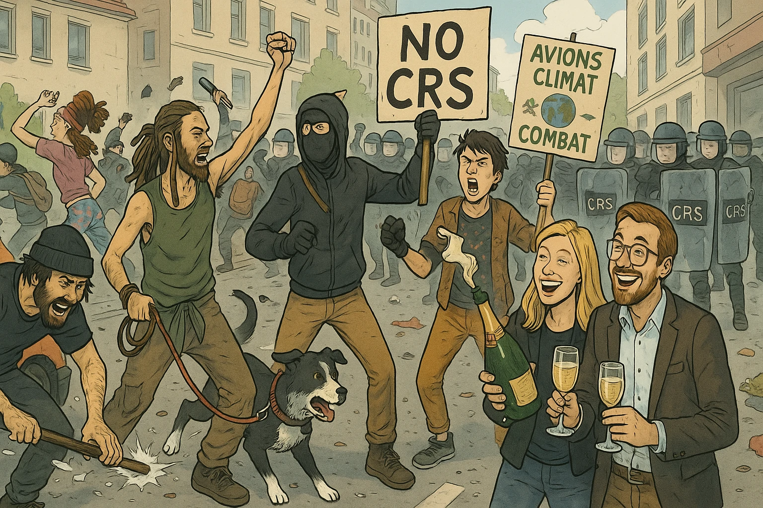 Scène satirique d'une manifestation de l'extrême gauche mêlant zadistes, zonards, bobos festifs et CRS en arrière-plan