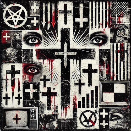 collage visuel mêlant des croix renversées, des écrans de télévision, et d’autres symboles de critique religieuse et sociétale qui caractérisent ses clips et albums
