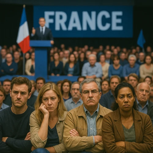 Photo d’un meeting politique avec un orateur devant un public d’électeurs au regard désabusé, illustrant la défiance envers la droite actuelle.