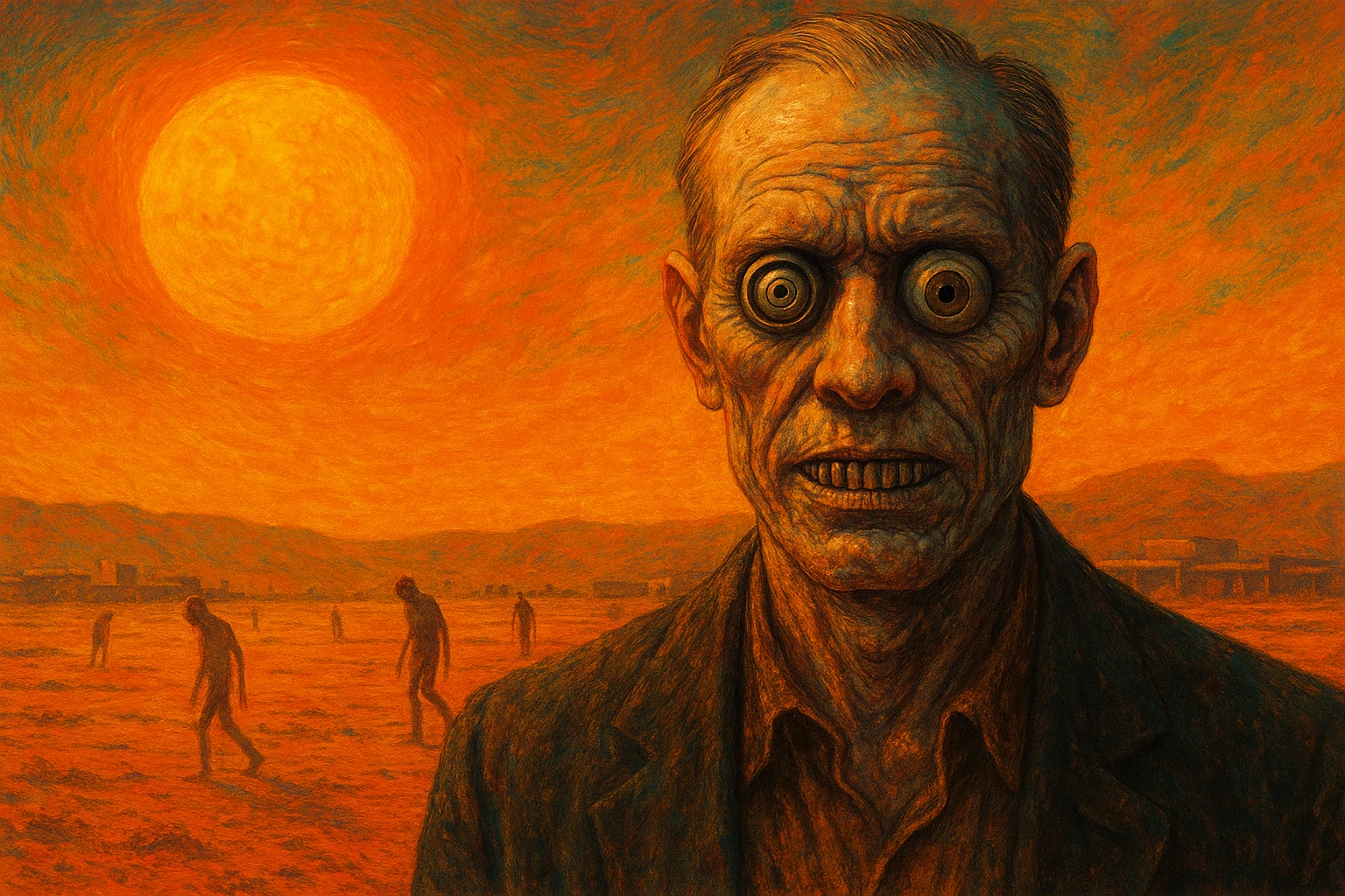 Palmer Eldritch dans un paysage dystopique martien sous un soleil écrasant, avec yeux artificiels et dents métalliques