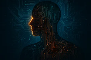 Silhouette humaine fusionnant avec des circuits électroniques, thème cyberpunk du roman Les Racines du Mal