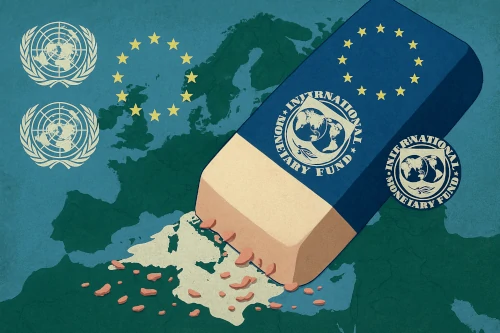 Illustration satirique d’une gomme aux couleurs de l’Union européenne, du FMI et de l’ONU effaçant les frontières de l’Europe sur une carte.