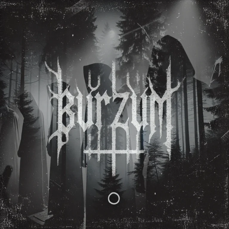 Burzum : montage de forêt, hommes encapuchonnés et nom du groupe
