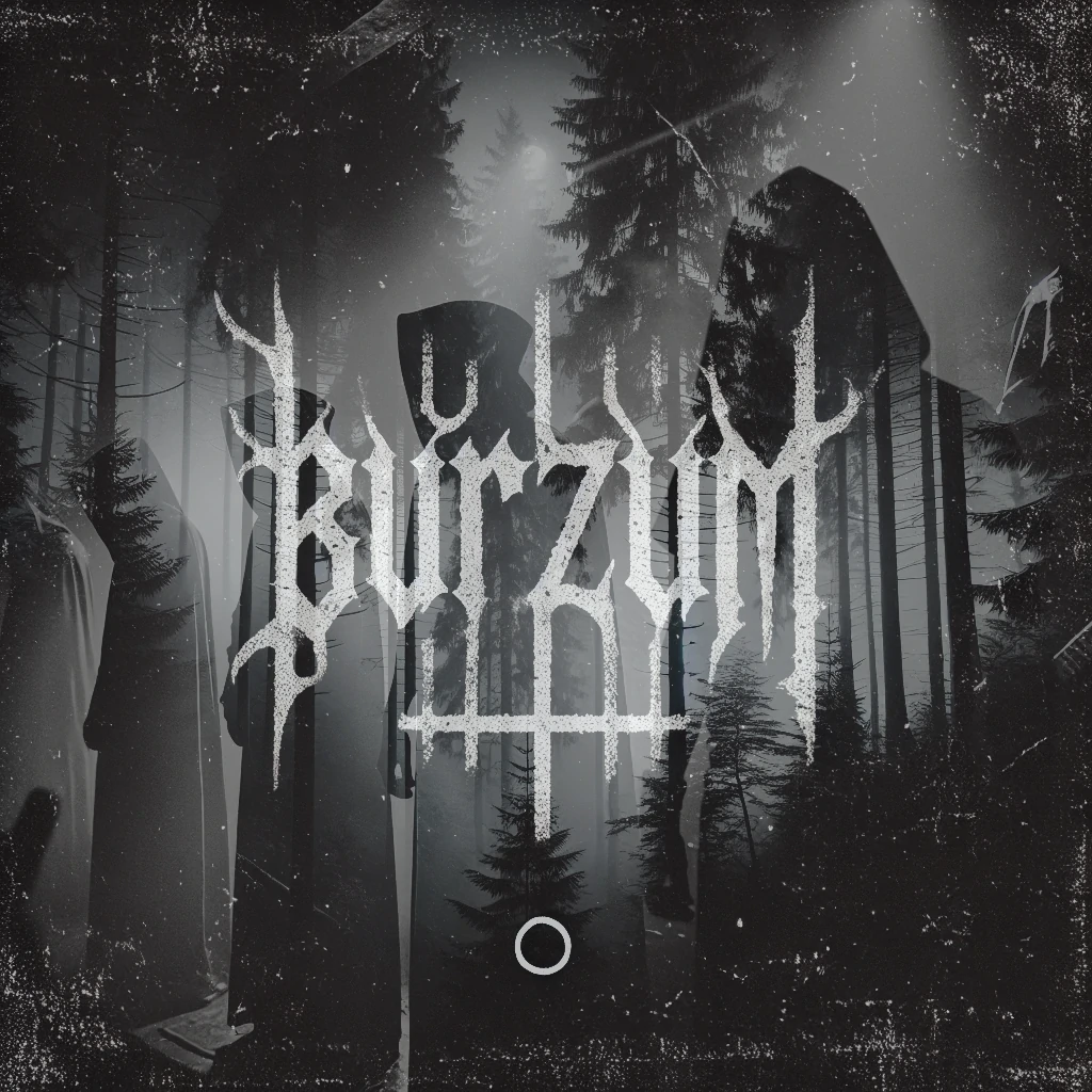 Burzum : montage de forêt, hommes encapuchonnés et nom du groupe