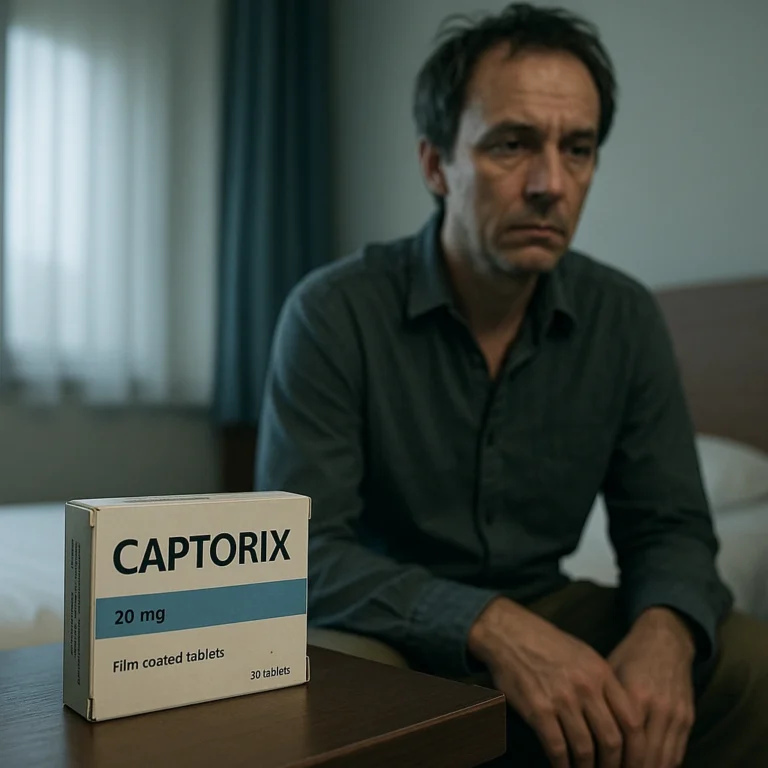 Florent-Claude Labrouste assis dans une chambre d’hôtel morne, regard vide, avec une boîte de Captorix sur la table de chevet