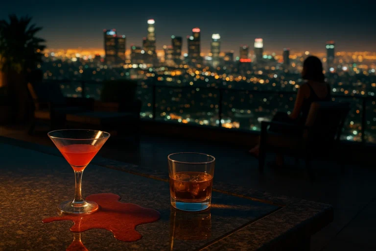 Scène inspirée de Moins que zéro, de Bret Easton Ellis : cocktail renversé sur une table luxueuse, avec vue nocturne sur Los Angeles depuis un rooftop