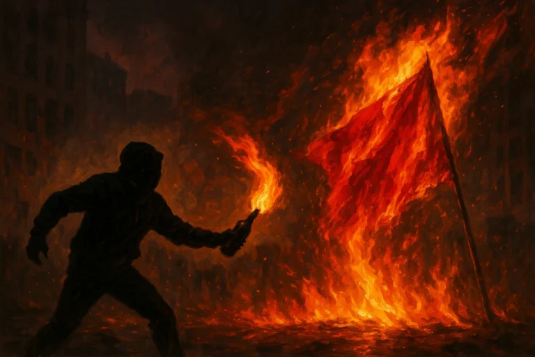 Silhouette lançant un cocktail Molotov vers un drapeau rouge en flammes, dans un chaos urbain nocturne