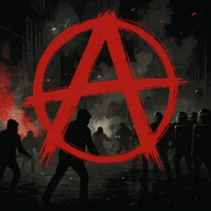 Symbole anarchiste rouge sur fond de manifestation de Black Blocs affrontant la police, dans une ambiance urbaine sombre et fumante.