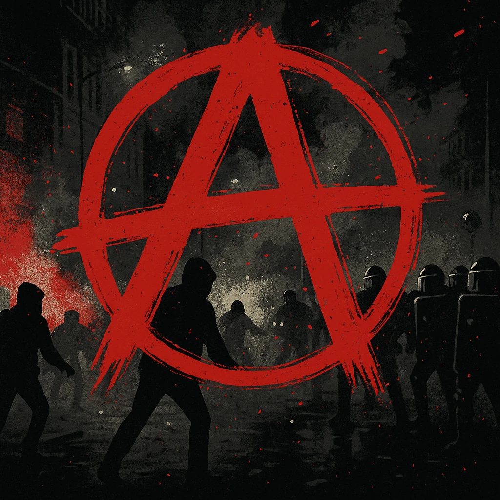 Symbole anarchiste rouge sur fond de manifestation de Black Blocs affrontant la police, dans une ambiance urbaine sombre et fumante.