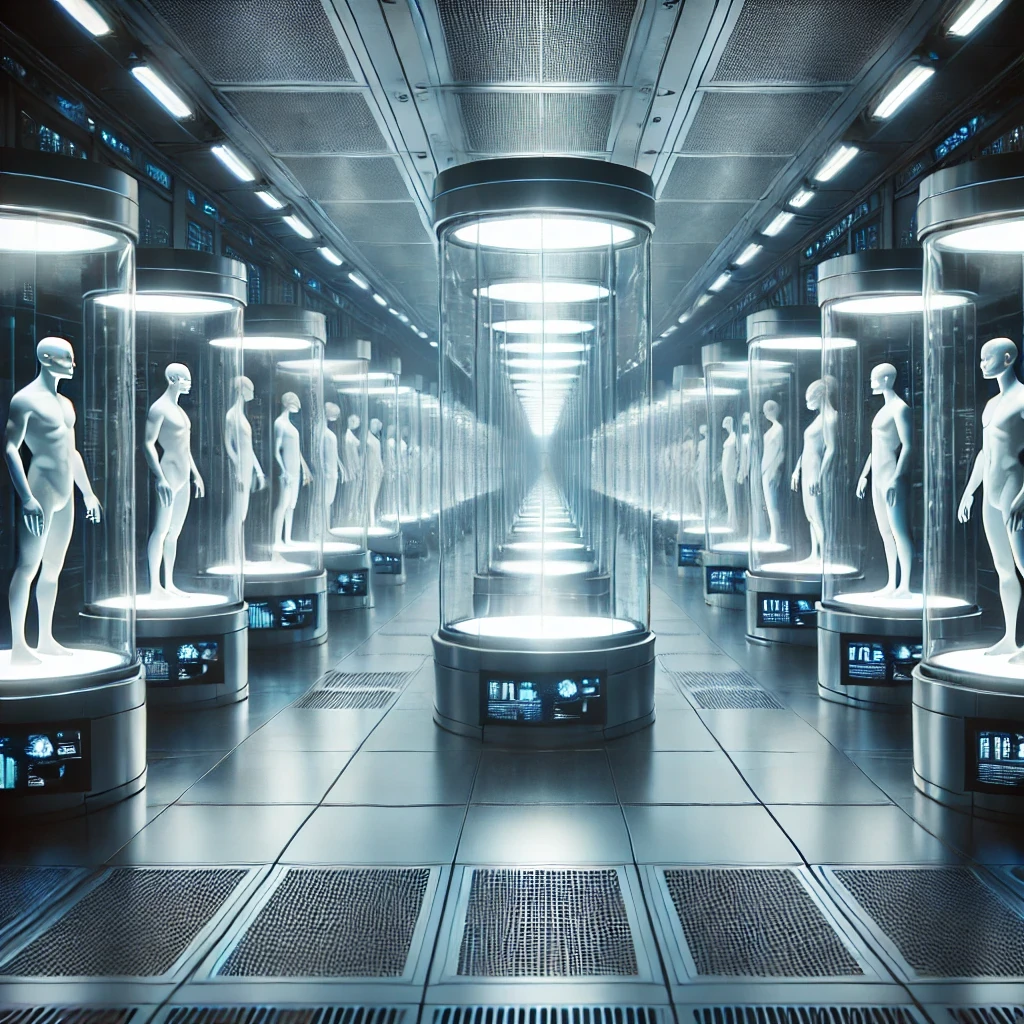 Un laboratoire froid et clinique avec des clones identiques alignés sous des néons blafards.