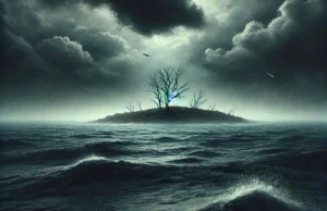 Un paysage désertique avec une mer infinie et une île minuscule à l’horizon, sous un ciel apocalyptique.