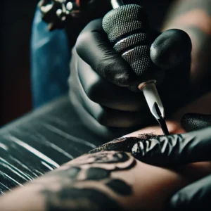 Une scène de tatouage en cours, montrant l’aiguille en train de remplir une grande surface de peau avec du noir