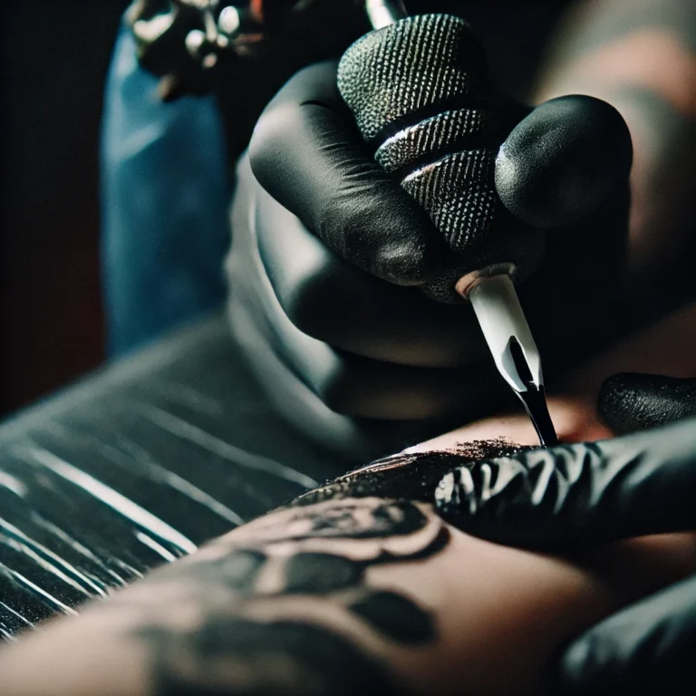 Une scène de tatouage en cours, montrant l’aiguille en train de remplir une grande surface de peau avec du noir