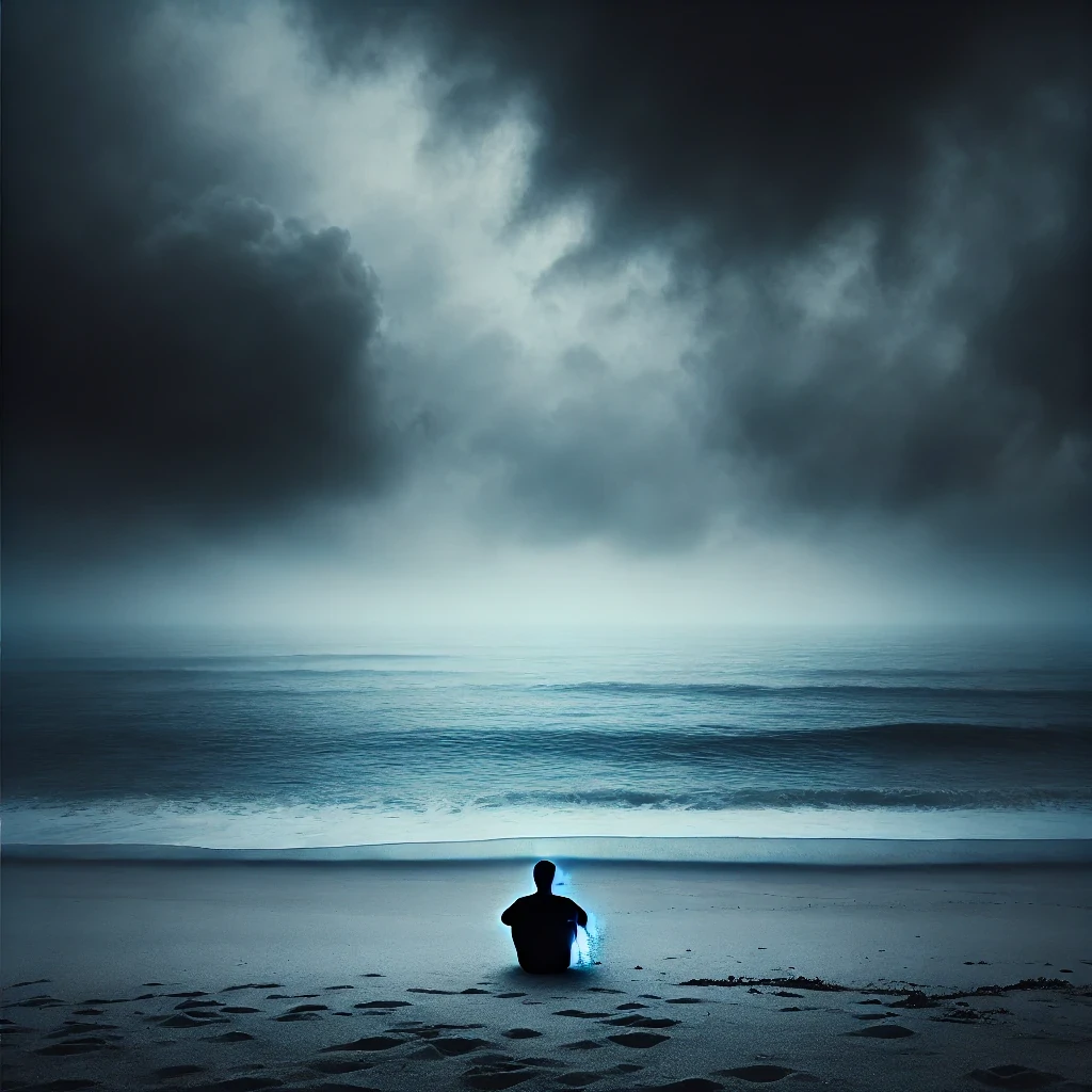 Une silhouette solitaire assise sur une plage vide, regardant l’océan comme s’il n’y avait plus rien à attendre.