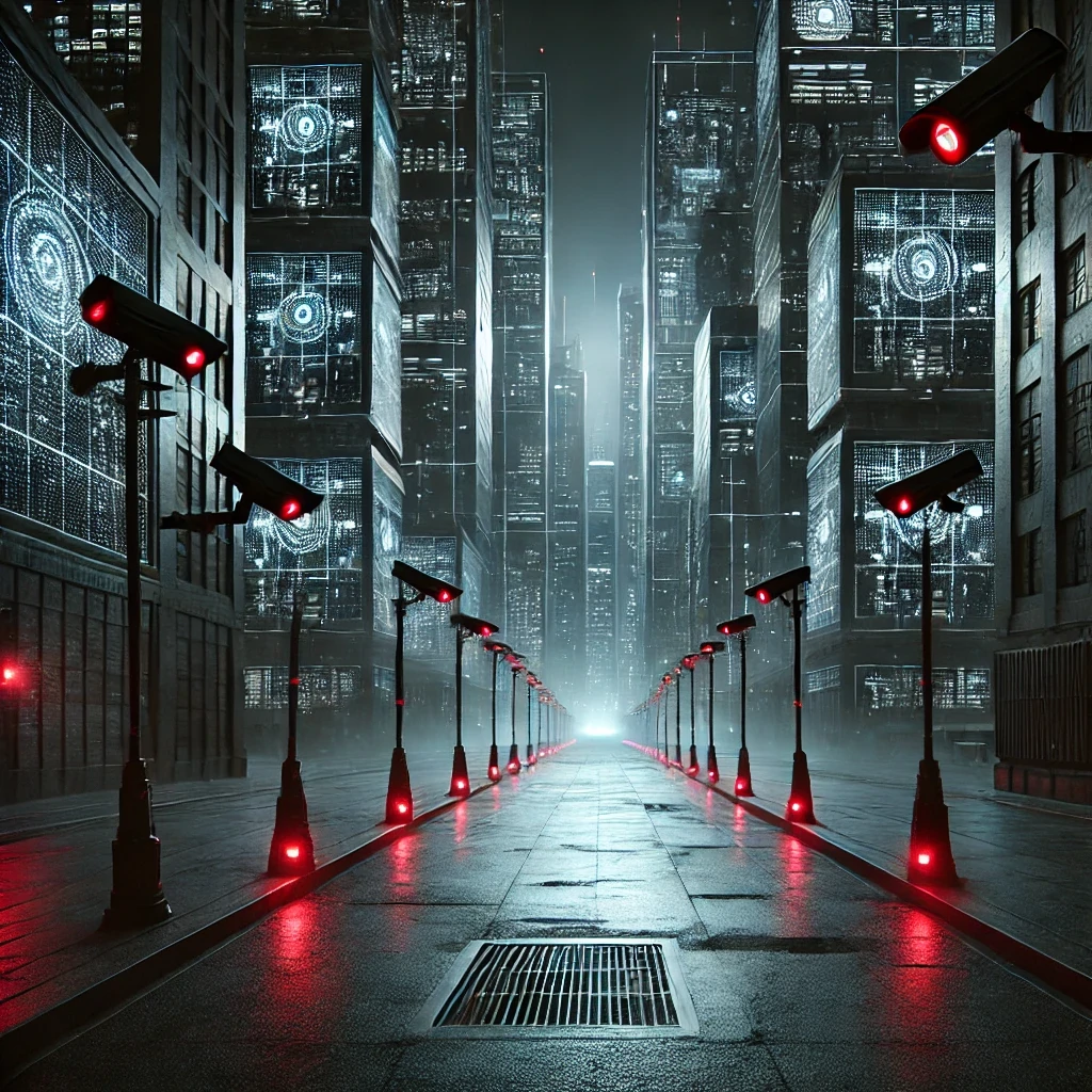 Une ville futuriste abandonnée, où seules des caméras de surveillance semblent encore vivantes.