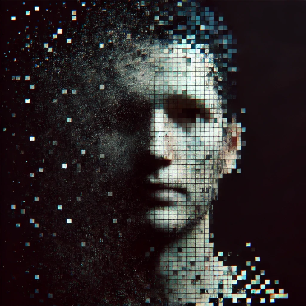Un visage humain morcelé en pixels, se désagrégeant dans un fond noir, symbolisant l’effacement de l’identité.