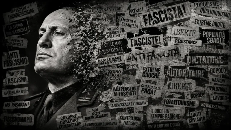 Portrait en noir et blanc de Benito Mussolini se fondant dans une multitude de slogans politiques contradictoires, illustrant la banalisation et la confusion autour du terme « fascisme » dans le débat public.