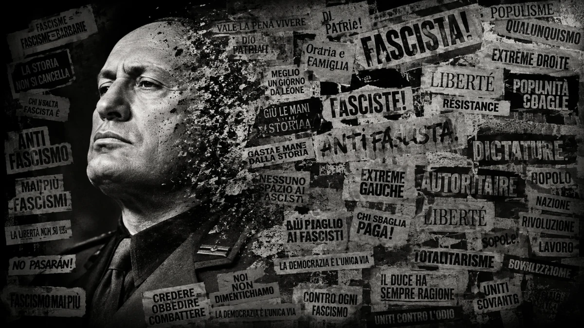 Portrait en noir et blanc de Benito Mussolini se fondant dans une multitude de slogans politiques contradictoires, illustrant la banalisation et la confusion autour du terme « fascisme » dans le débat public.
