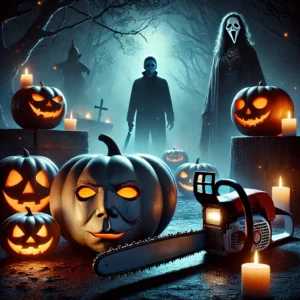 Citrouilles d'Halloween éclairées dans une forêt brumeuse, avec la silhouette de Michael Myers masqué, une tronçonneuse au sol et une sorcière en arrière-plan