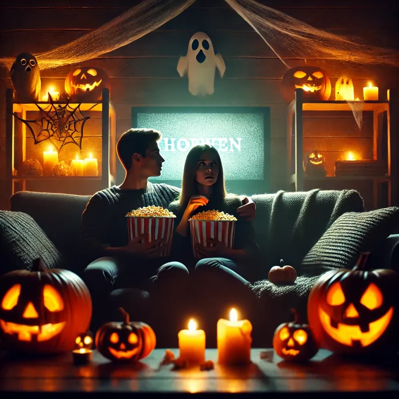 Couple terrifié sur un canapé qui regarde un film d'horreur dans un salon sombre, entre citrouilles allumées et pots de popcorn