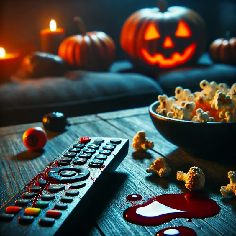 Télécommande tachée de sang sur une table basse, près d'un bol de popcorn renversé et d'une citrouille allumée